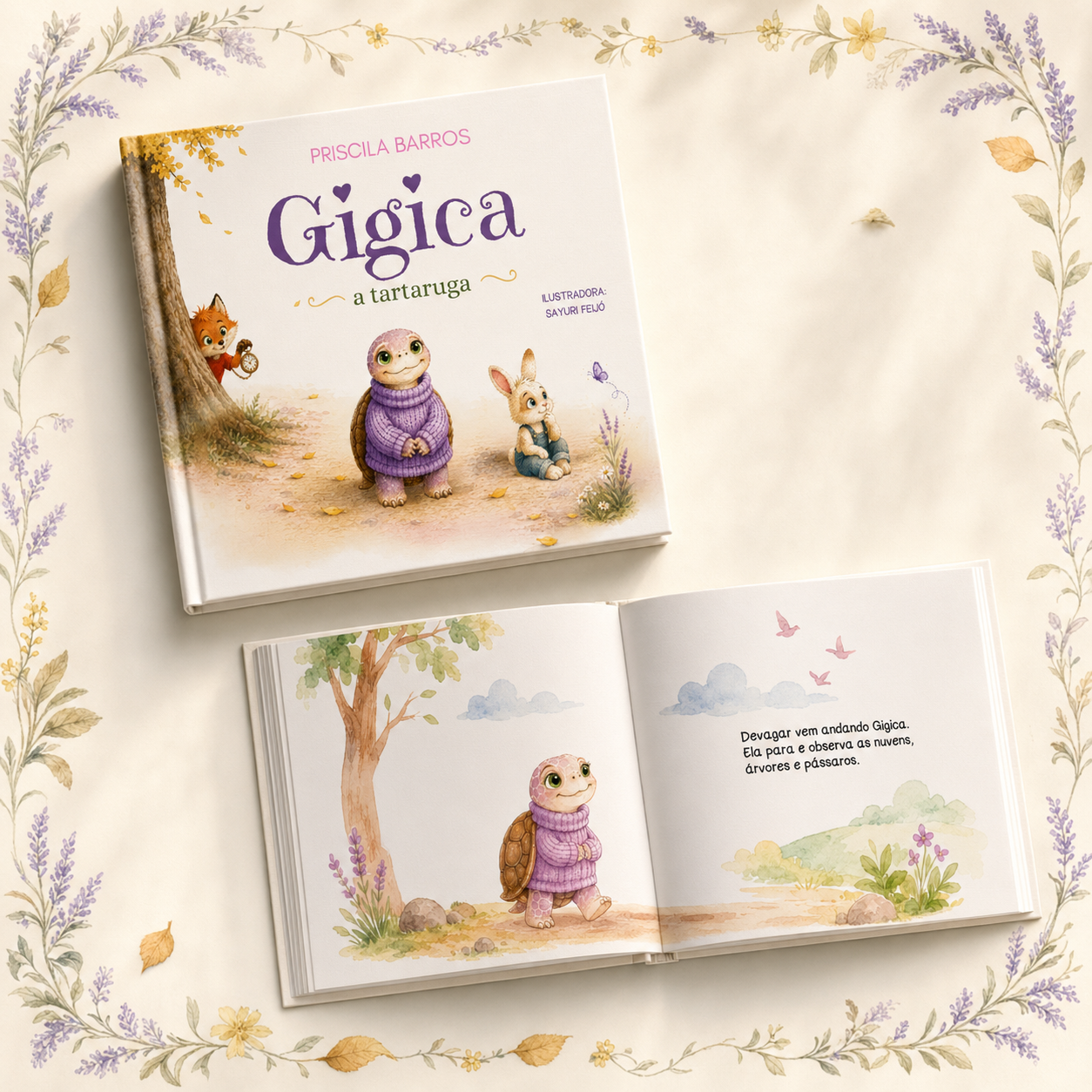 Capa e página interna do livro ilustrado Gigica, a tartaruga