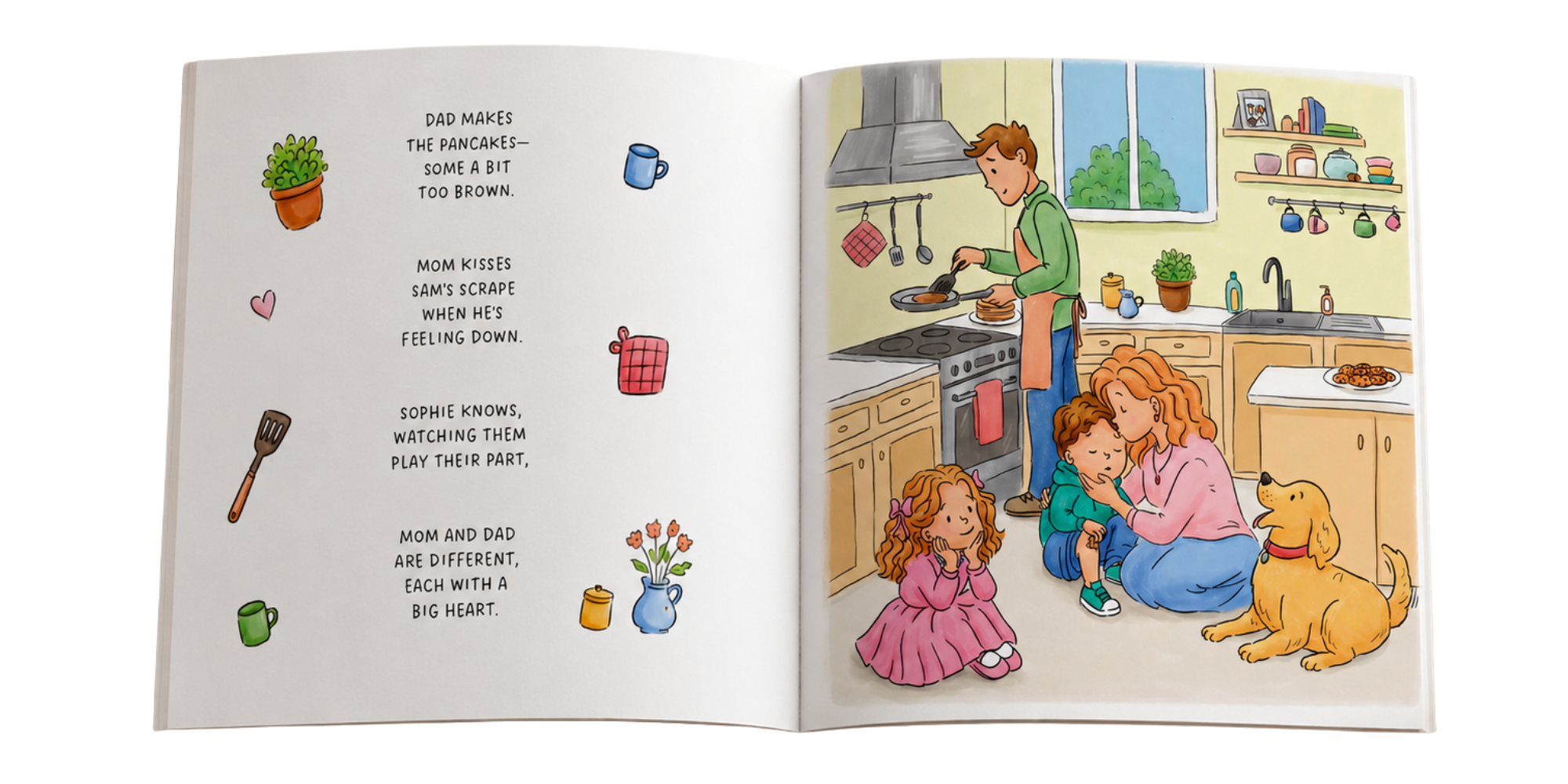 Páginas internas ilustradas do livro Hill Books com cena de cozinha em família