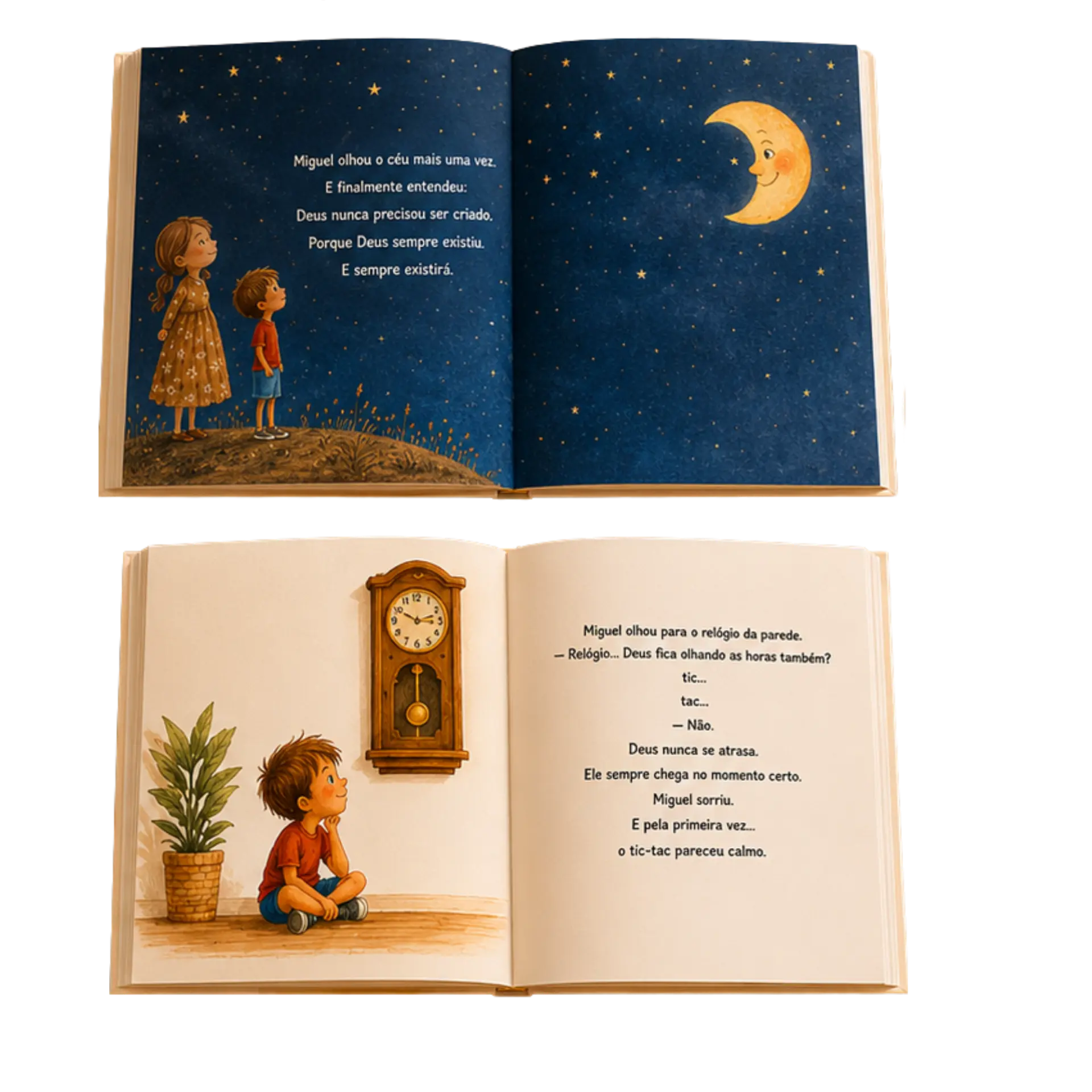 Miolo do livro “Mamãe, quem criou Deus?” com spread do céu estrelado e do menino olhando o relógio