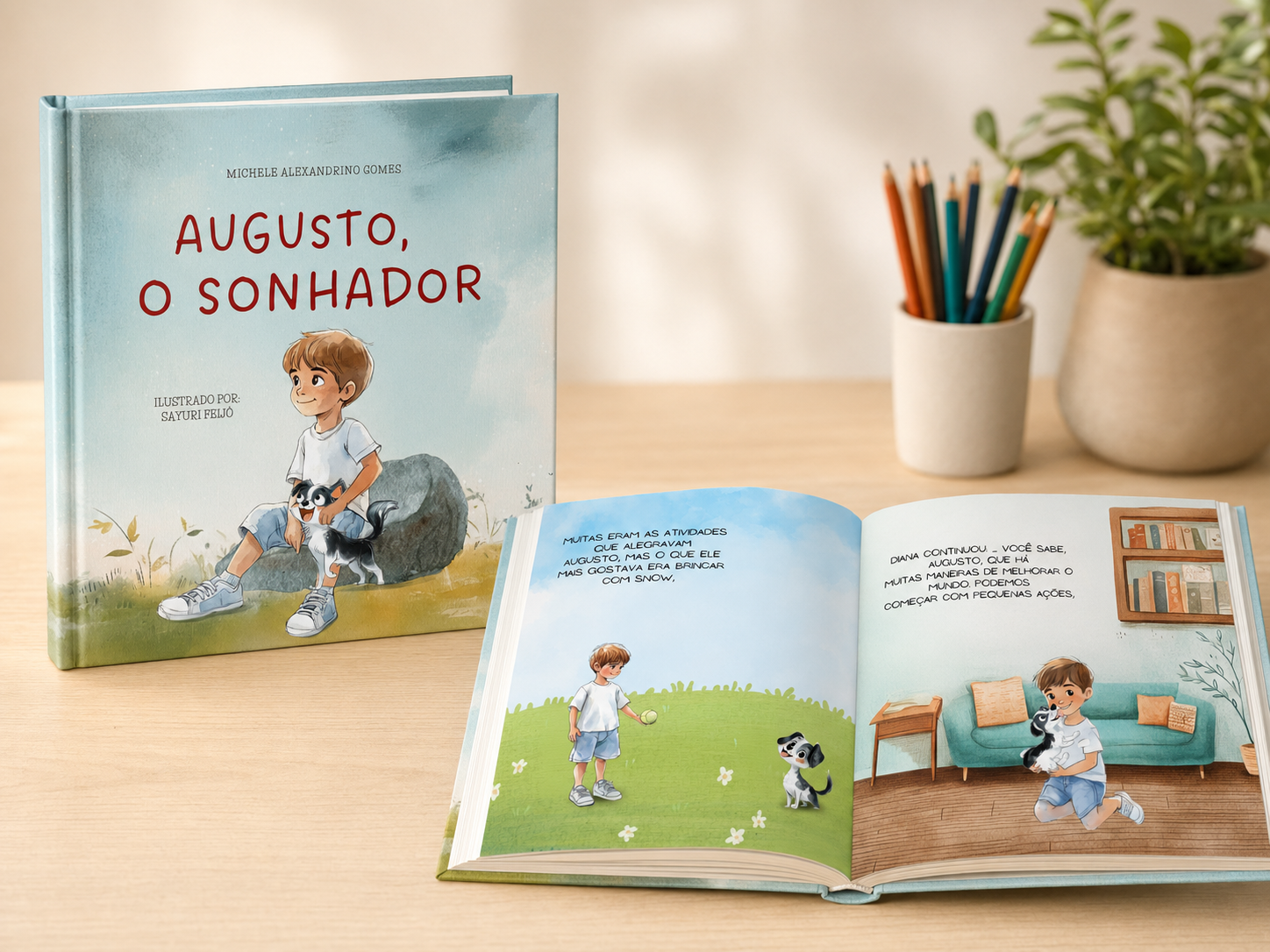Livro infantil “Augusto, o Sonhador” aberto sobre uma mesa de madeira ao lado de lápis de cor