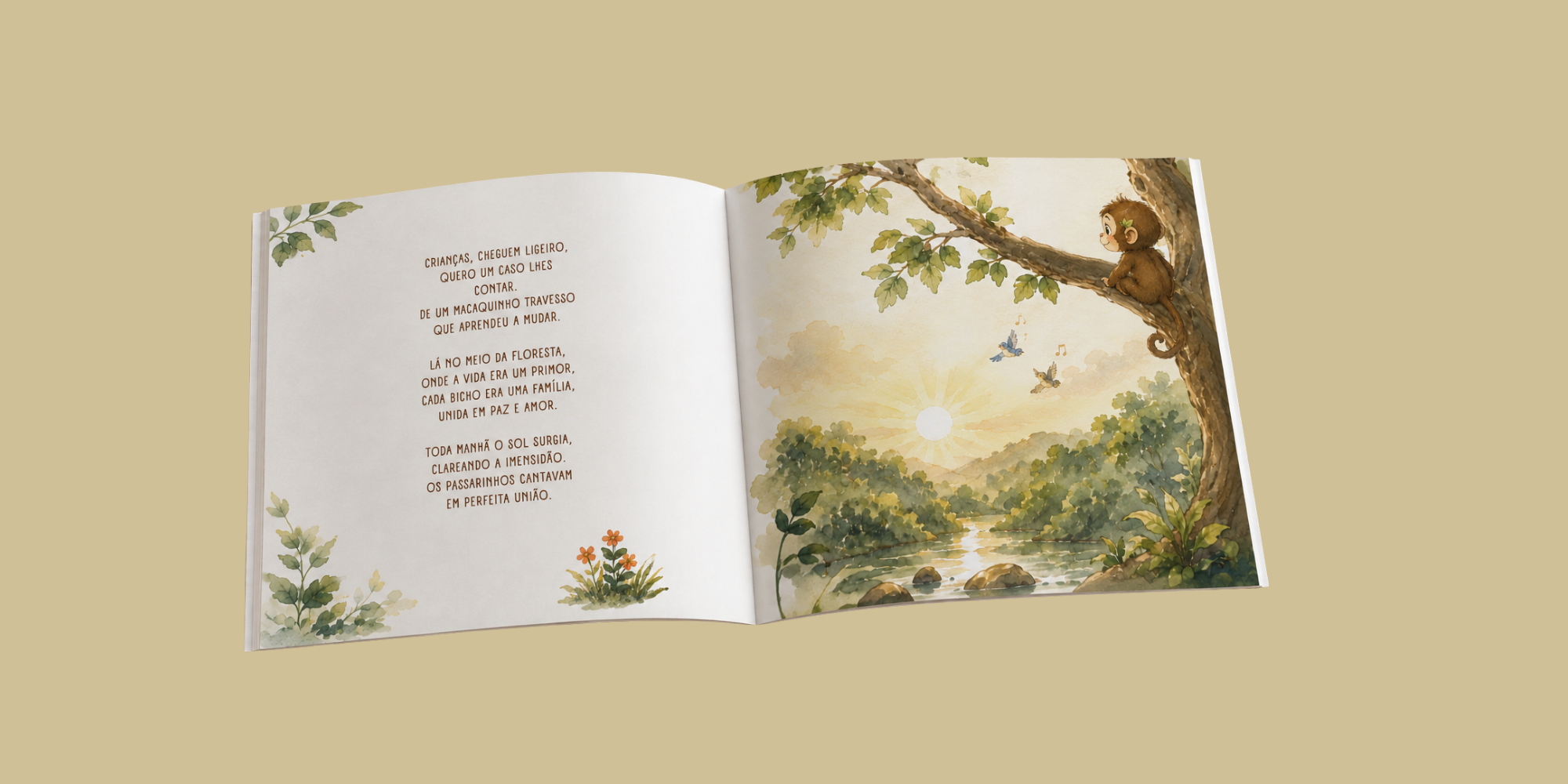 Spread em aquarela com macaquinho na árvore ao amanhecer