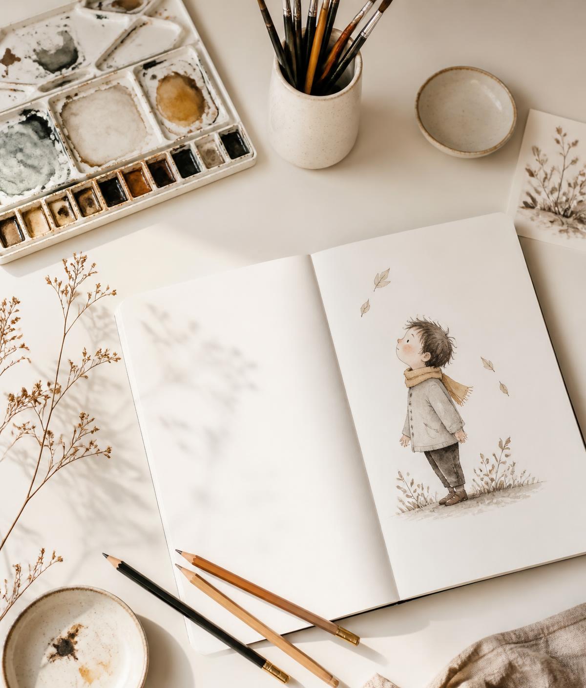 Ateliê da fundadora da ZoharBook, com aquarelas, pincéis e um caderno de estudos aberto